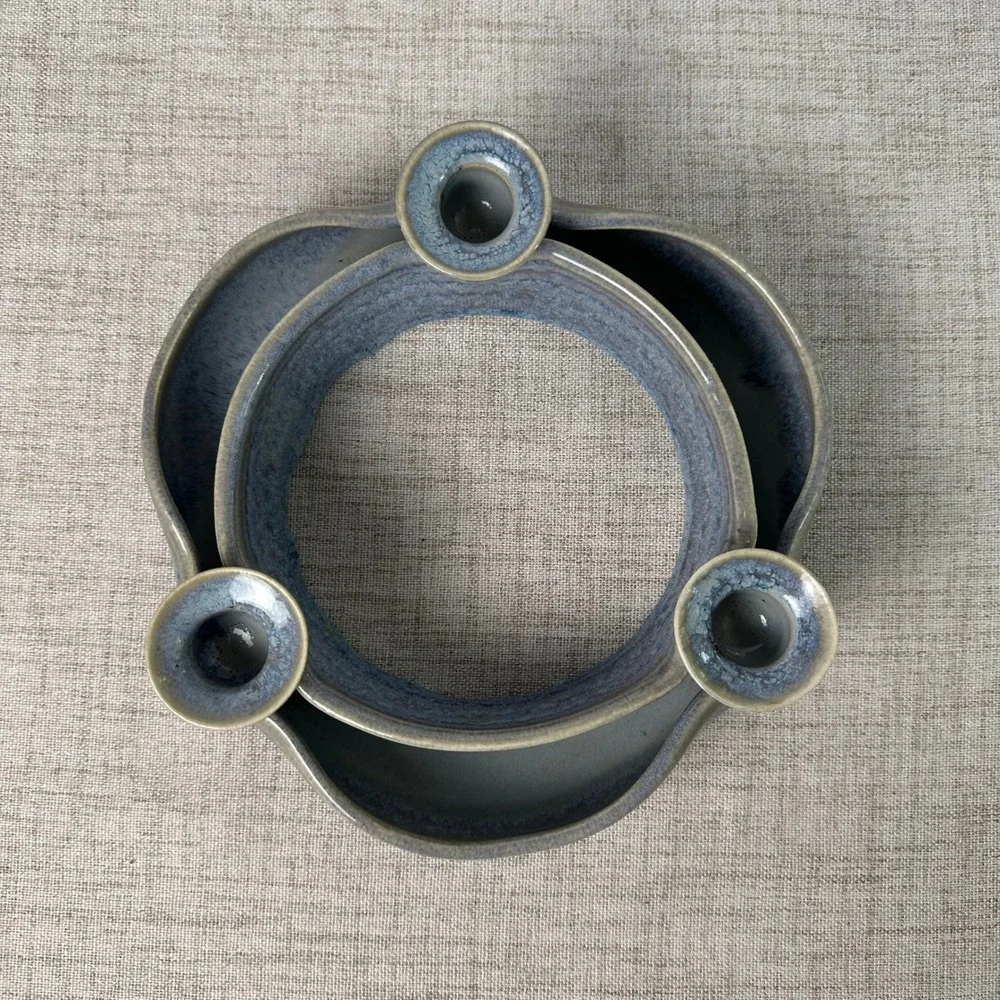 Signed Studio Pottery Triple Candle Holder Blue Gray Glazed Stoneware Pottery